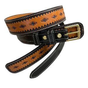 Longhorn Leather Ranger Belt Tan Black Brass Buckle Diamond Southwest Cowboy USA